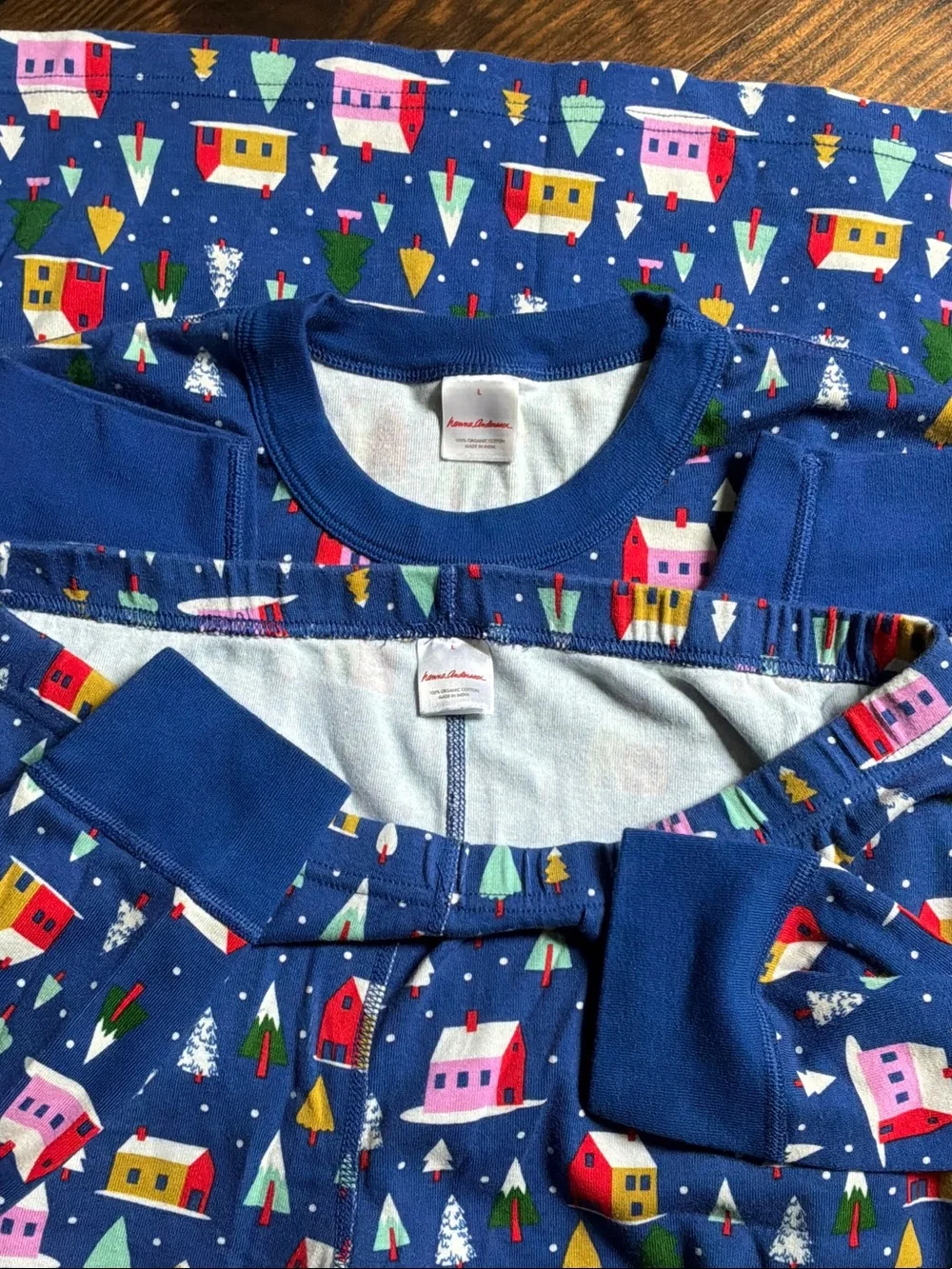 Hanna Andersson Blue adult Pajama Set with Colorful Holiday Houses